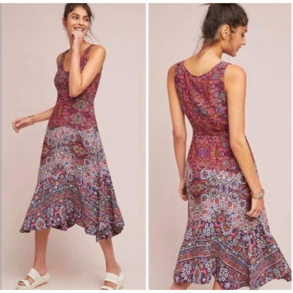 Maeve Anthropologie Violette Midi Dress Womens 6 Wine Paisley Boho Casual Floral